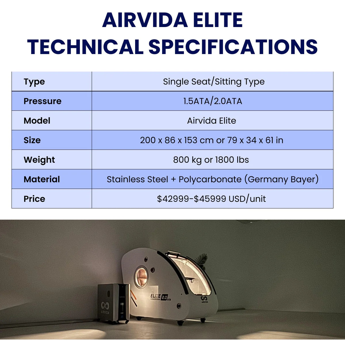 Airvida Elite 2.0 ATA Hard Shell Sitting Hyperbaric Chamber